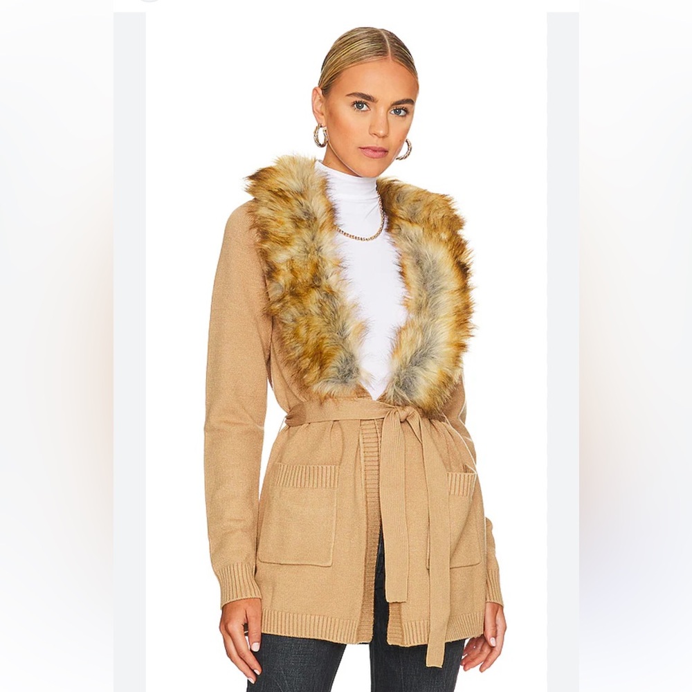 Show Me Your Mumu Cabin Cardigan with a faux fur collar in camel tan